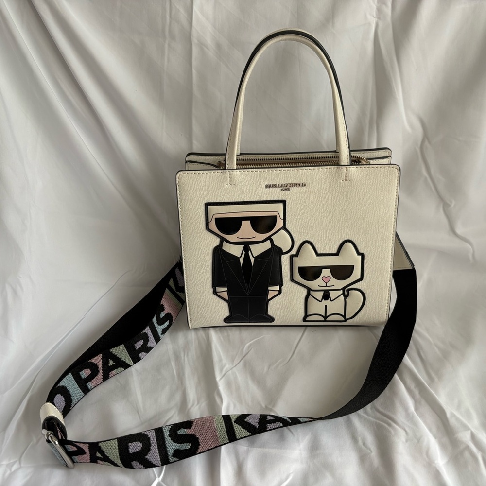 Karl Lagerfeld Cream Tote Bag with Cartoon Design